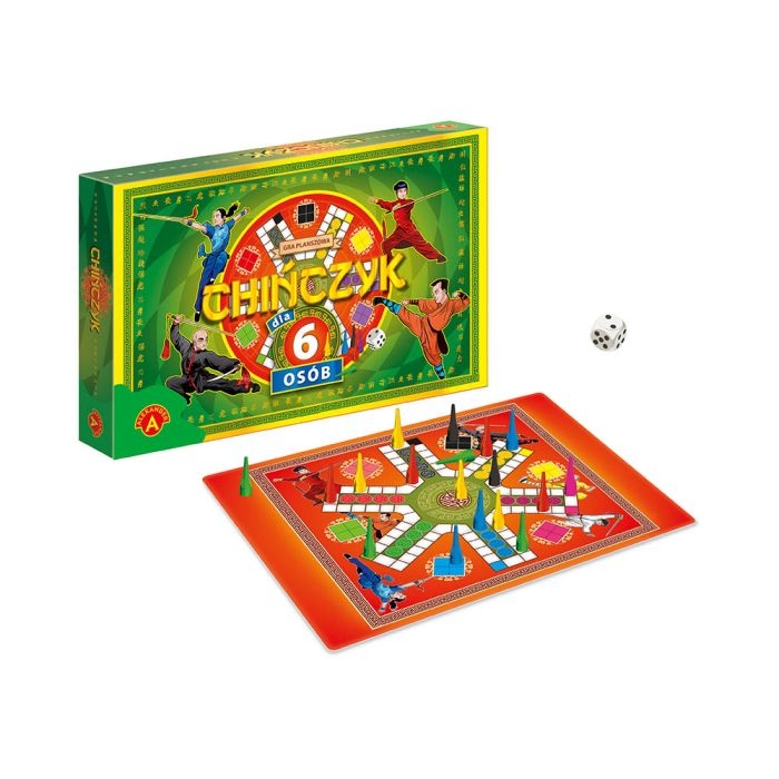 Elementy gry Chińczyk – kolorowe pionki i kostka