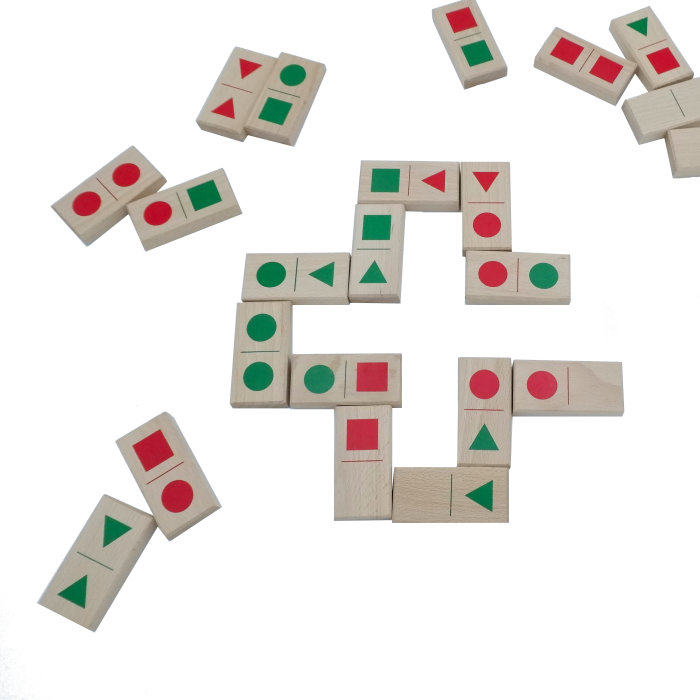 Edukacyjne domino figury geometryczne rozłożone klocki na stole dla dzieci