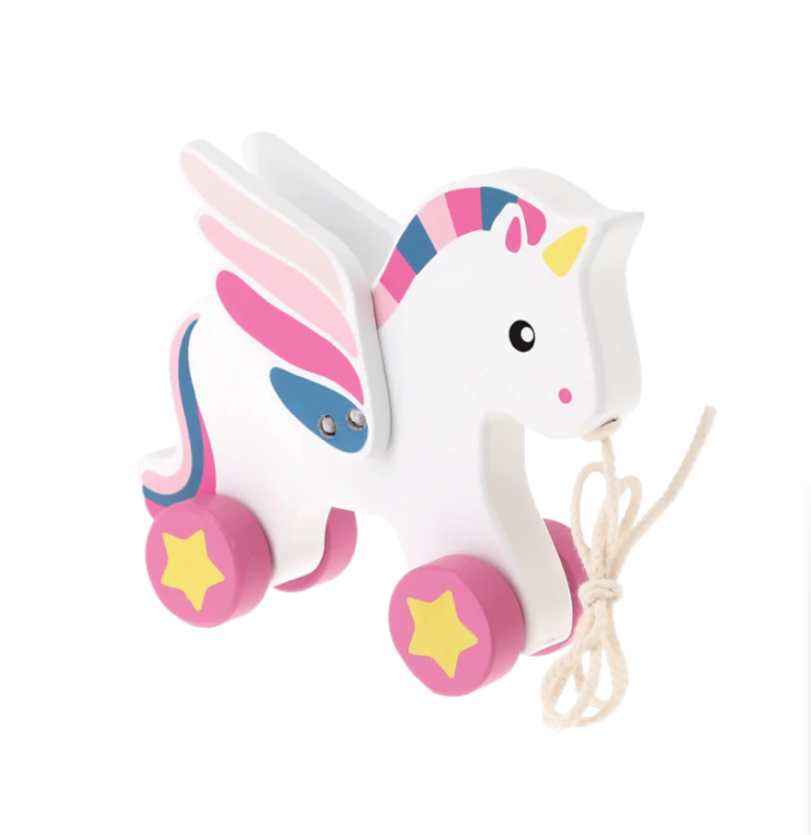 drewniany jednorożec do ciągnięcia zabawka
