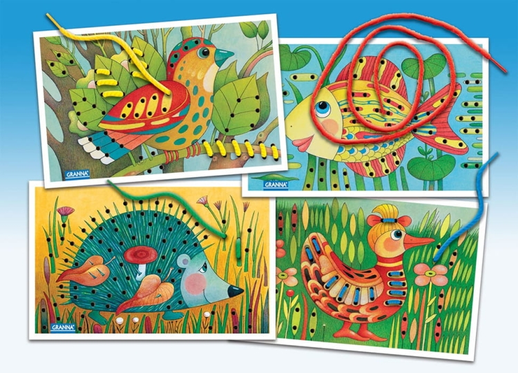 Zestaw edukacyjny Sznurki i dziurki – plansze i kolorowe sznurki