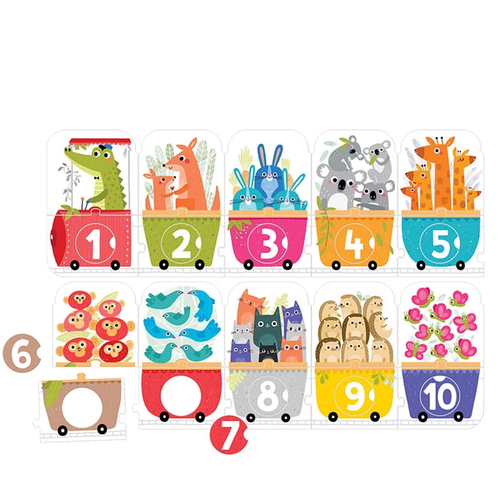 elementy puzzli z dziurką Pociąg do liczenia z kolorowymi wagonikami