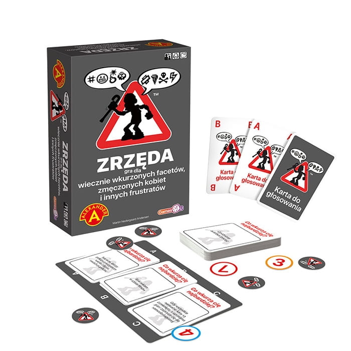 Zrzęda gra planszowa – pudełko i elementy do zabawy.