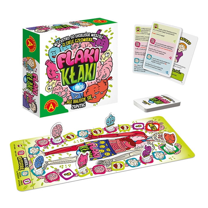 Flaki Kłaki gra planszowa – plansza, karty i pionki do zabawy.