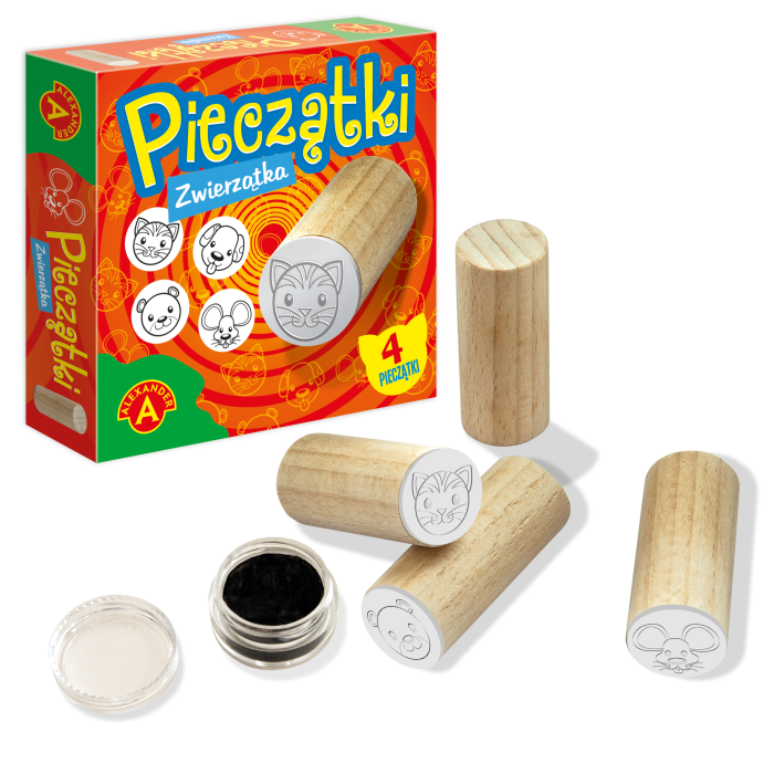Kieszonkowy zestaw pieczątek – 4 pieczątki z tuszem i instrukcją.