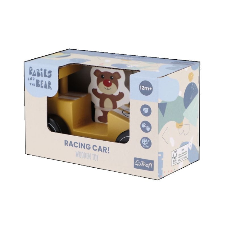 drewniany samochodzik żółty dla dziecka w pudełku