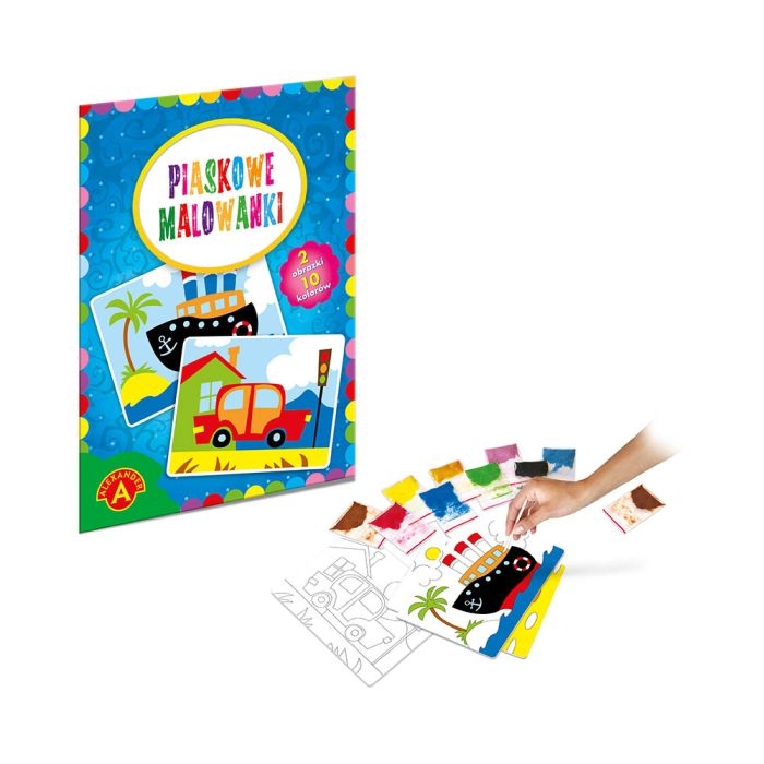 Elementy zestawu piaskowych malowanek – szablony statku i auta, kolorowy piasek.