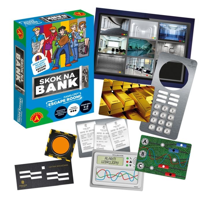 Escape Room Skok na Bank Alexander – pudełko gry planszowej z elementami zestawu.