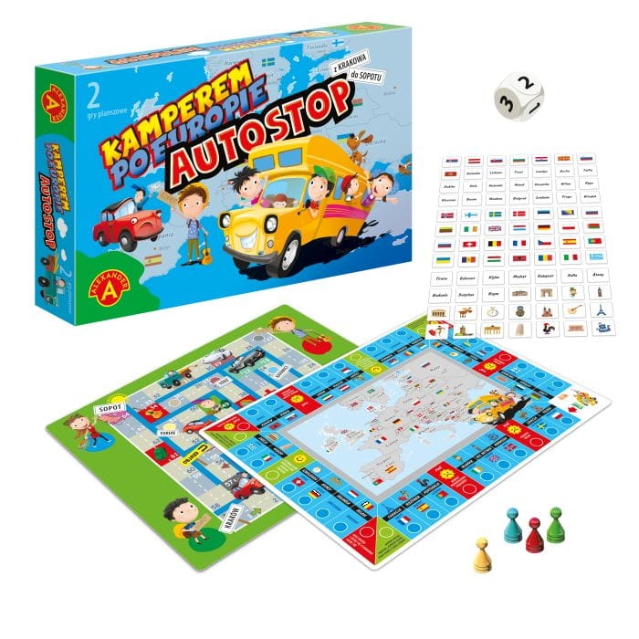 Elementy edukacyjne: mapa, flagą, stolicą w grze Kamperem po Europie.