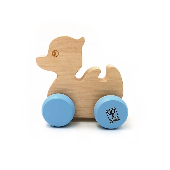 Zabawka do ciągnięcia, pchania, popychania dla dzieci - kaczka drewniana na kółkach