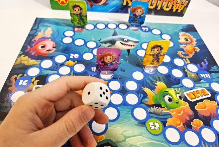 Dzieci grają w Szybką Rybkę i Wyścig Robotów – kolorowa planszówka dla najmłodszych.