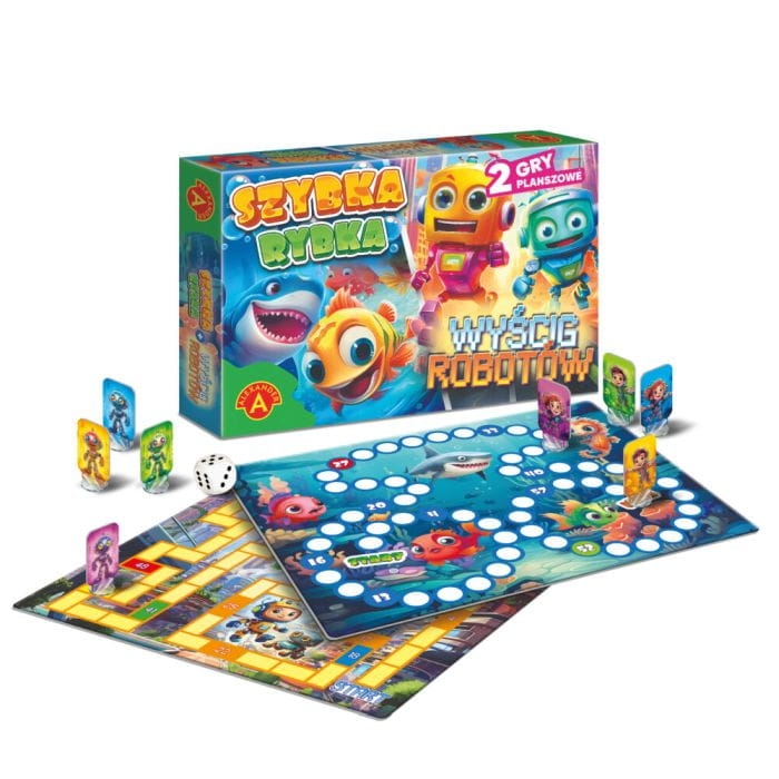 Plansza i pionki z gry Szybka Rybka / Wyścig Robotów dla dzieci.