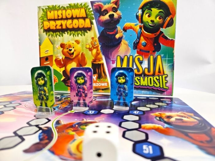 Elementy gry – kolorowe pionki, plansza, kostka i instrukcja.