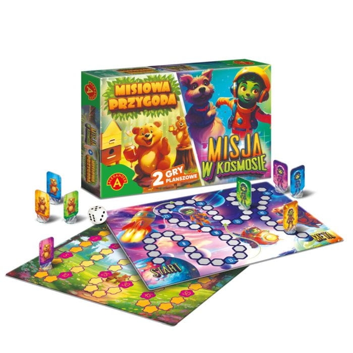 Zawartość zestawu: plansza dwustronna, pionki misie i ufoludki, kostka.