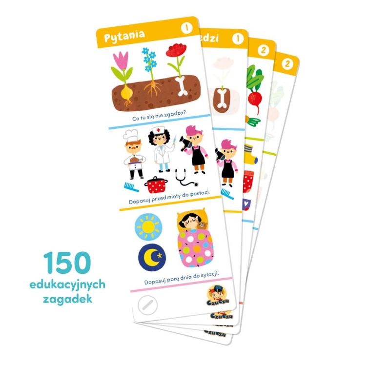 Kolorowe ilustracje i łamigłówki w książeczce Zagadki CzuCzu dla 4–5 lat
