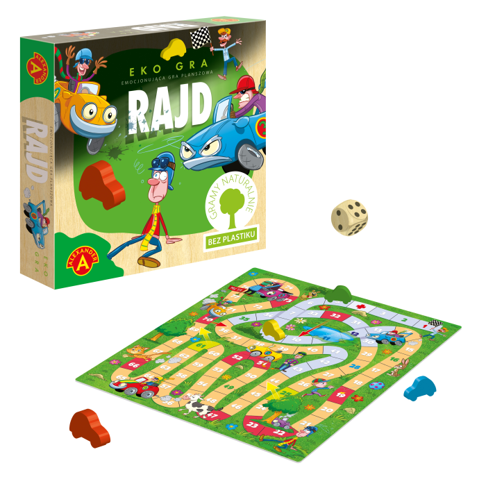 Eko Gra Rajd Alexander – edukacyjna gra planszowa dla dzieci od 5 lat z drewnianymi pionkami i papierową planszą, wspierająca naukę ekologii.