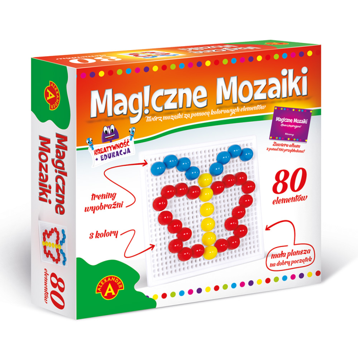 Zestaw Magiczne Mozaiki 80 – plansza, elementy i album inspiracji.