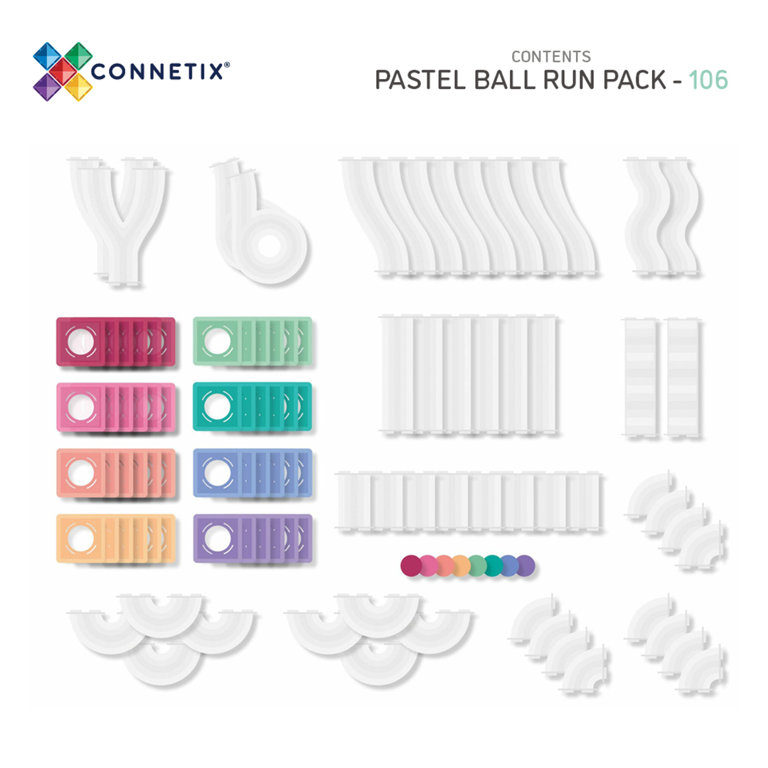 Wykaz elementów zestawu CONNETIX Pastel Ball Run Pack 106 el
