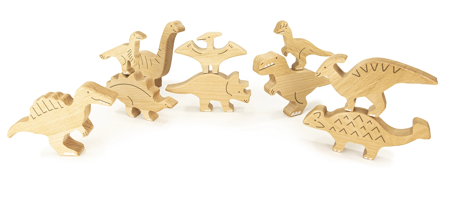 Zestaw drewnianych figurek dinozaurów - 10 elementów.