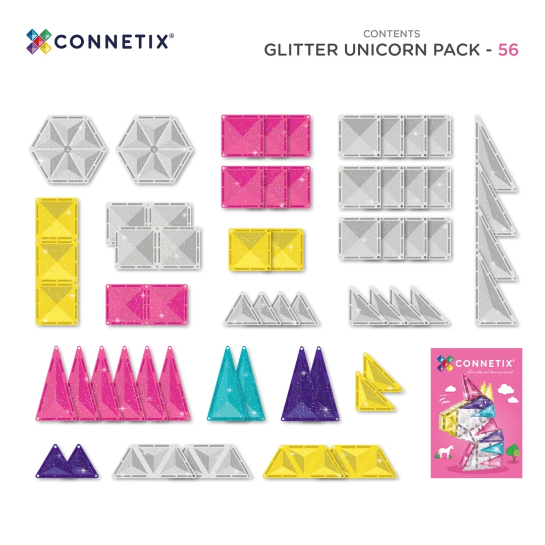 Zestawienie wszystkich 56 elementów z brokatowego zestawu klocków magnetycznych Connetix Glitter Unicorn Pack.