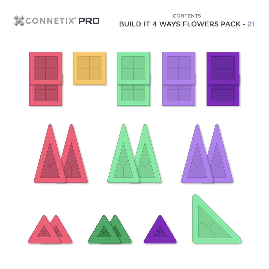 Zawartość zestawu Connetix PRO Build It 4 Ways Flowers Pack – 21 kolorowych klocków magnetycznych o różnych kształtach