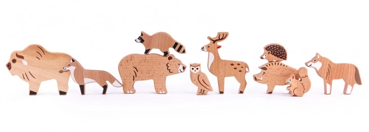 Zestaw drewnianych figurek dzikich zwierząt - 11 elementów.