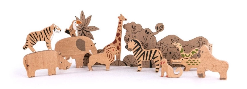 Zestaw drewnianych figurek dzikich zwierząt - 11 elementów.