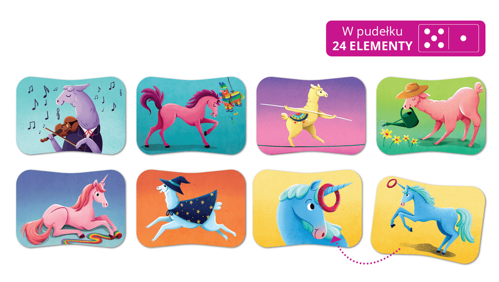 Ilustracje kart z gry memo Lamy i Jednorożce.