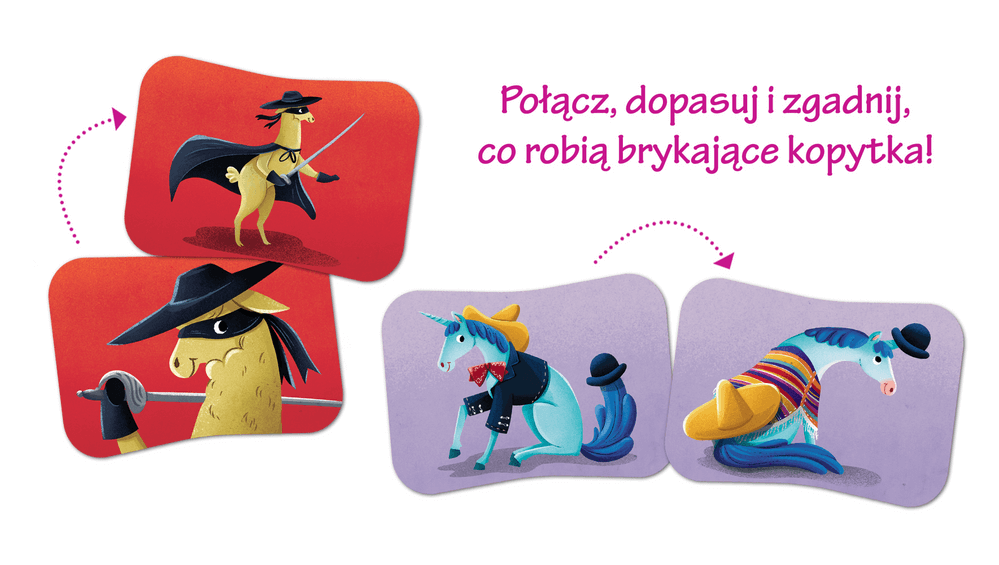 Przykładowe pary kart z lamami i jednorożcami w grze memo.