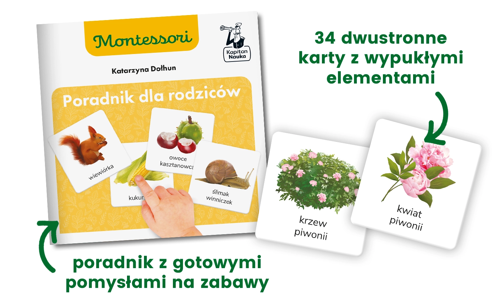 Dwie karty sensoryczne Montessori: kwiat piwonii i krzew piwonii z wypukłymi elementami.