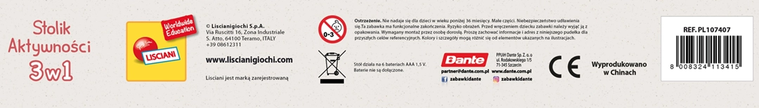Stolik Montessori Aktywności 3w1 Lisciani dane producenta, kod kreskowy i ostrzeżenia