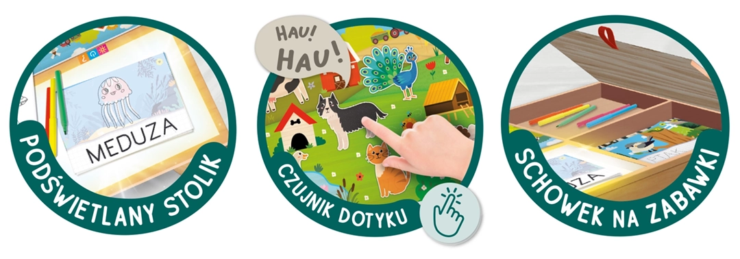 Stolik Montessori Aktywności 3w1 Lisciani, trzy kluczowe funkcje: podświetlany stolik, czujnik dotyku i schowek na zabawki